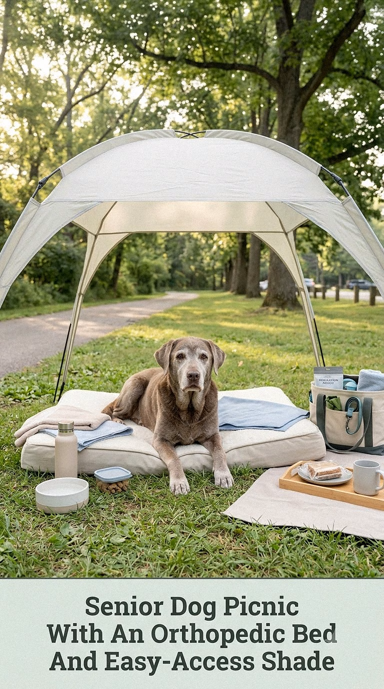 Senior Dog Picnic With An Orthopedic Bed And Easy-Access Shade
