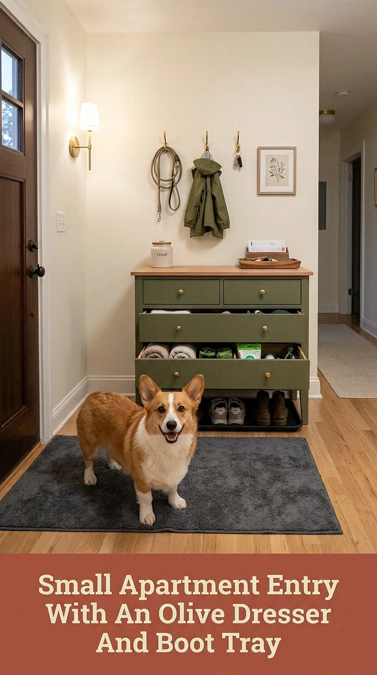 Small Apartment Entry With An Olive Dresser And Boot Tray