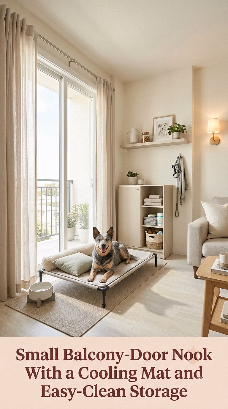 17. Small Balcony-Door Nook With a Cooling Mat and Easy-Clean Storage