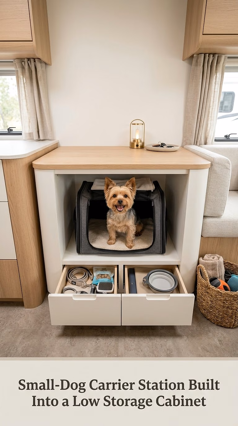 Small-Dog Carrier Station Built Into a Low Storage Cabinet