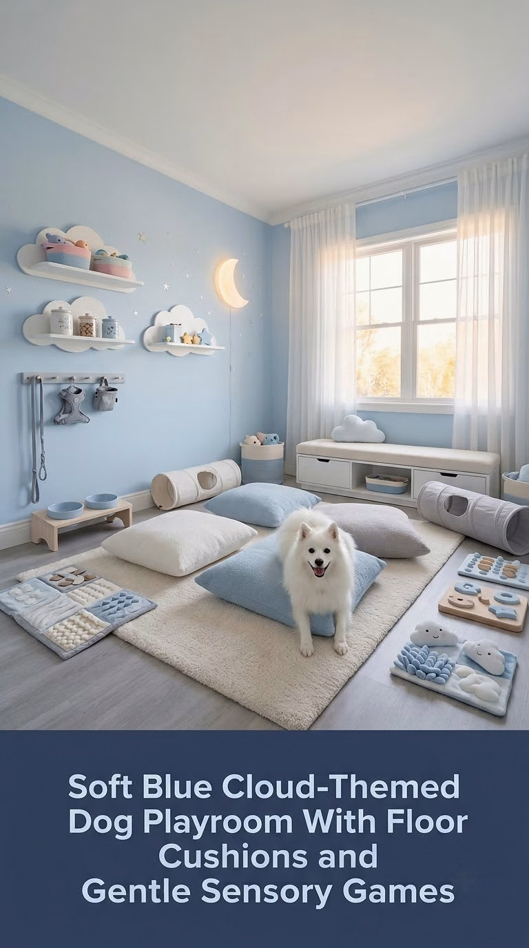 17. Soft Blue Cloud-Themed Dog Playroom With Floor Cushions and Gentle Sensory Games