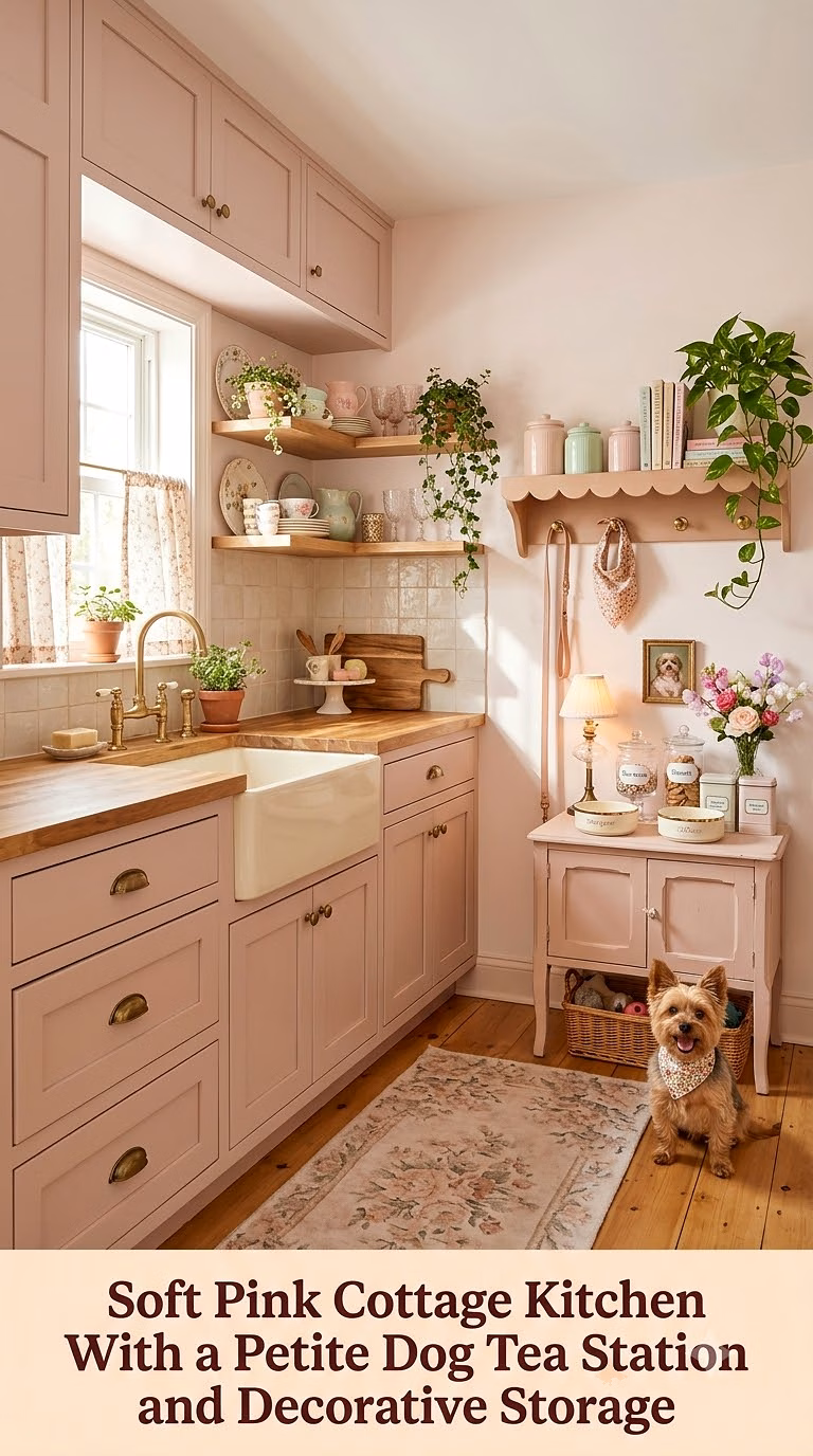 17. Soft Pink Cottage Kitchen With a Petite Dog Tea Station and Decorative Storage