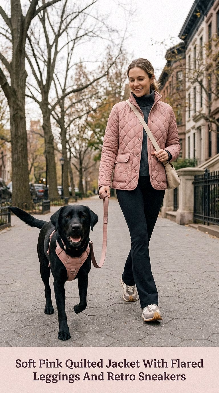 Soft Pink Quilted Jacket With Flared Leggings And Retro Sneakers