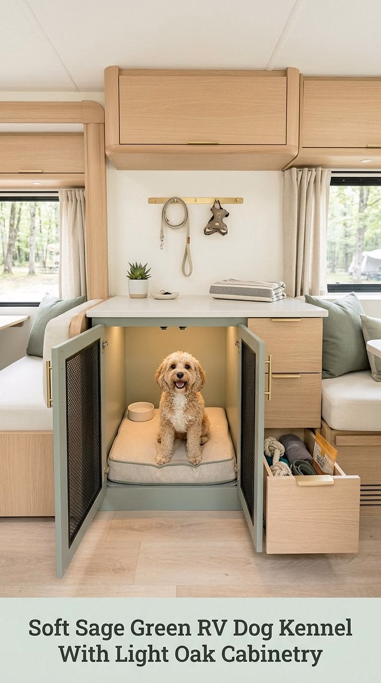 Soft Sage Green RV Dog Kennel With Light Oak Cabinetry