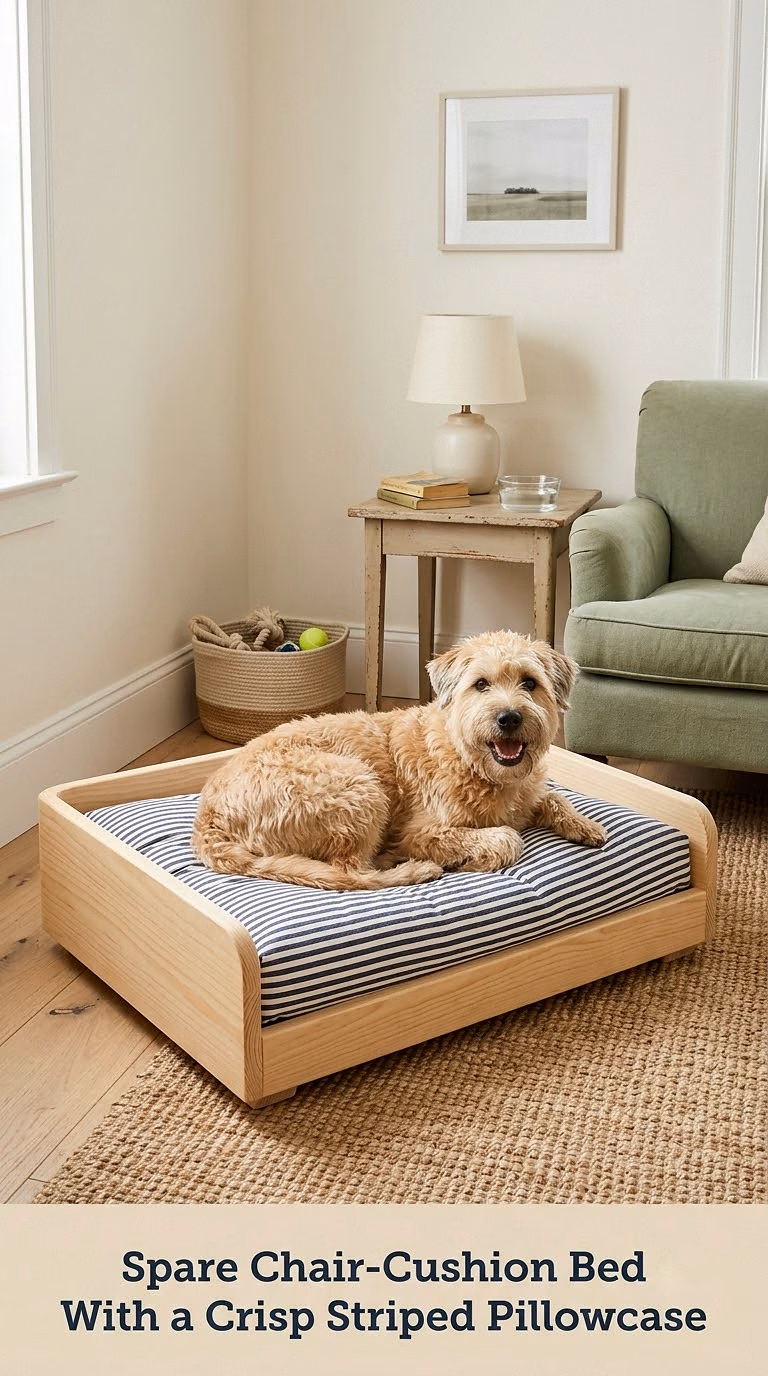 Spare Chair-Cushion Bed With a Crisp Striped Pillowcase
