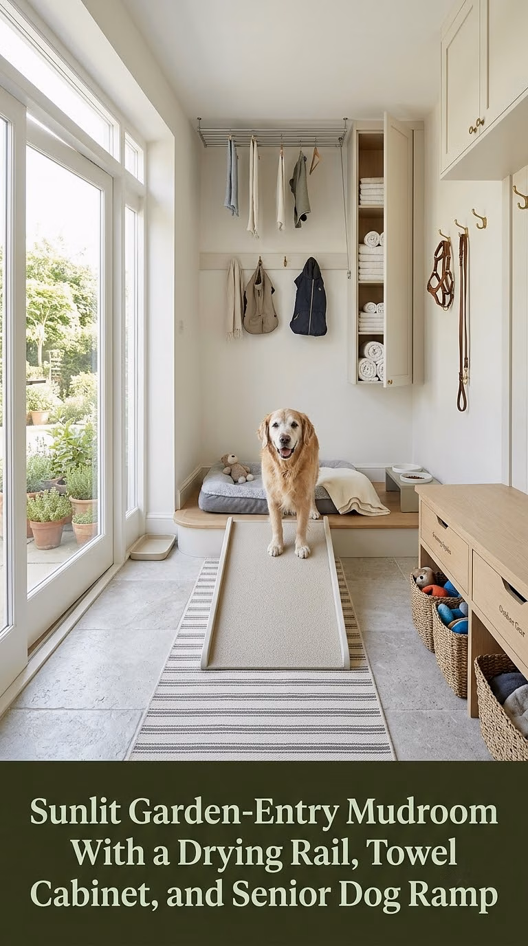 Sunlit Garden-Entry Mudroom With a Drying Rail, Towel Cabinet, and Senior Dog Ramp