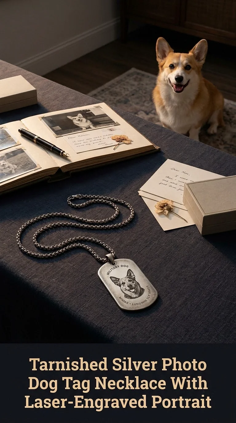 Tarnished Silver Photo Dog Tag Necklace With Laser-Engraved Portrait