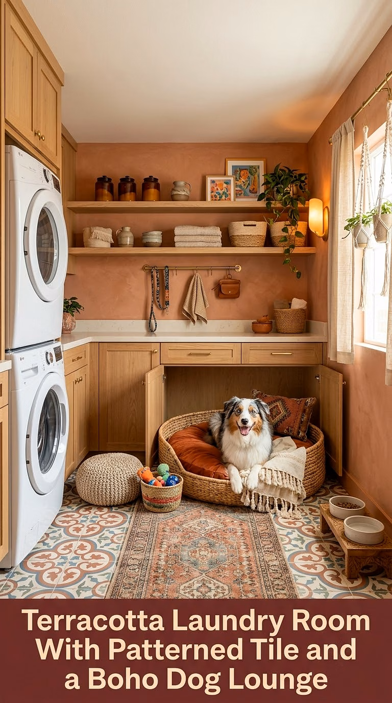 17. Terracotta Laundry Room With Patterned Tile and a Boho Dog Lounge