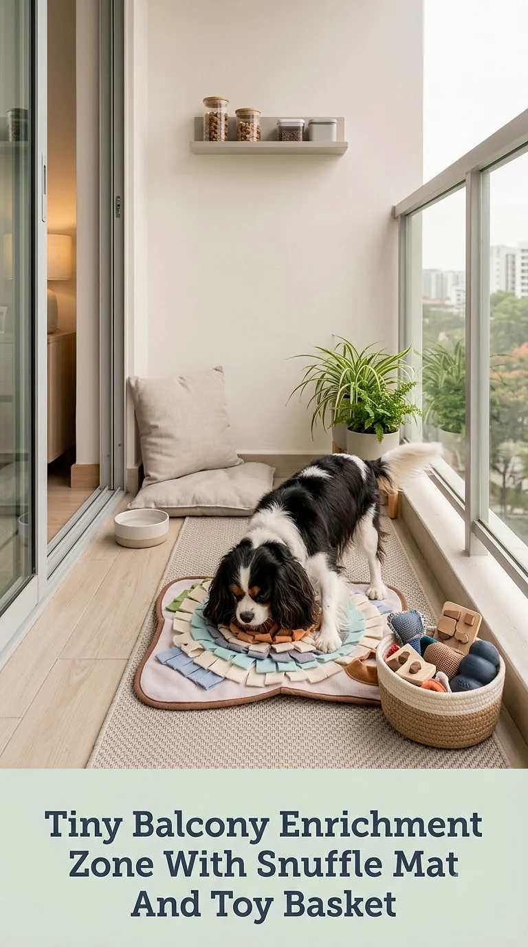 Tiny Balcony Enrichment Zone With Snuffle Mat And Toy Basket