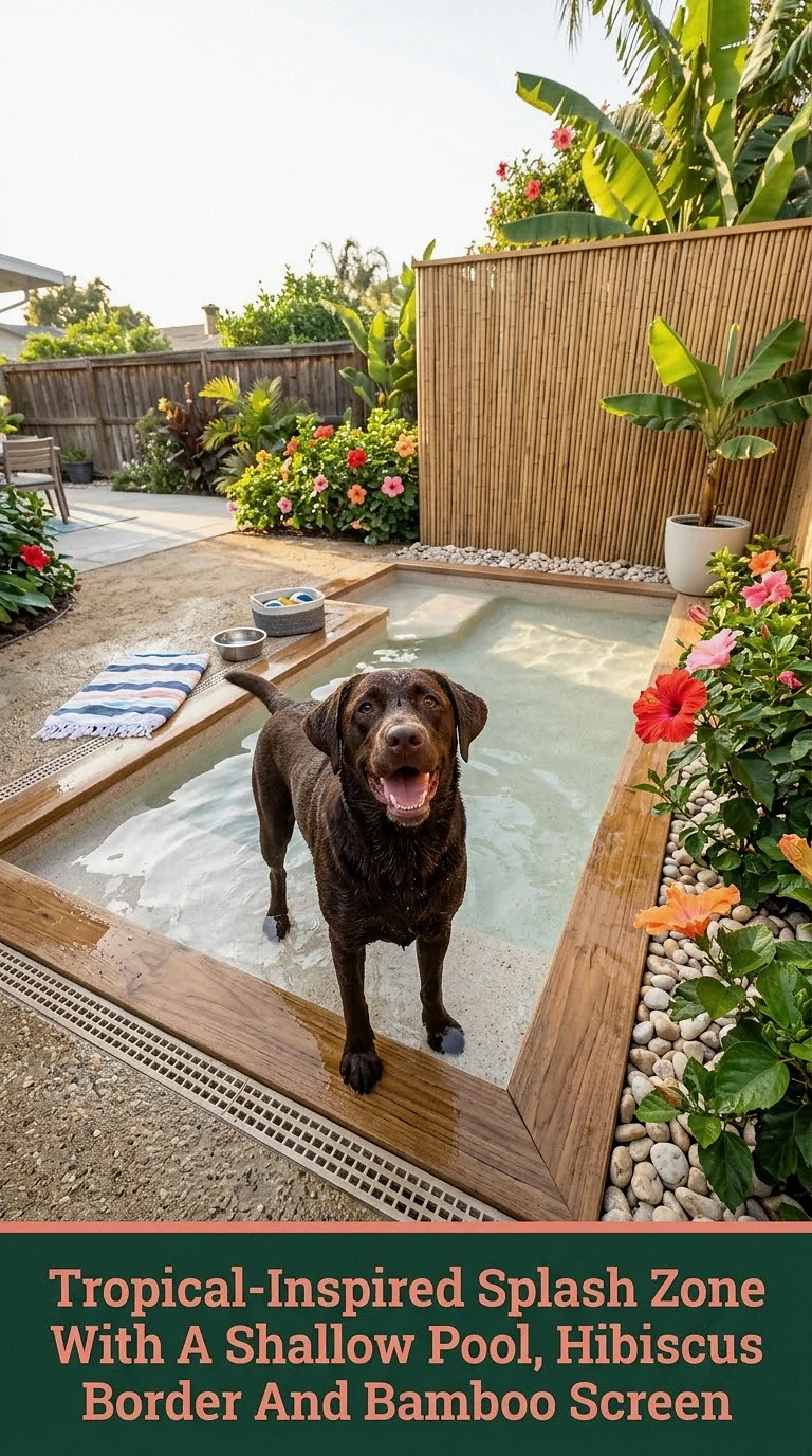 Tropical-Inspired Splash Zone With A Shallow Pool, Hibiscus Border And Bamboo Screen