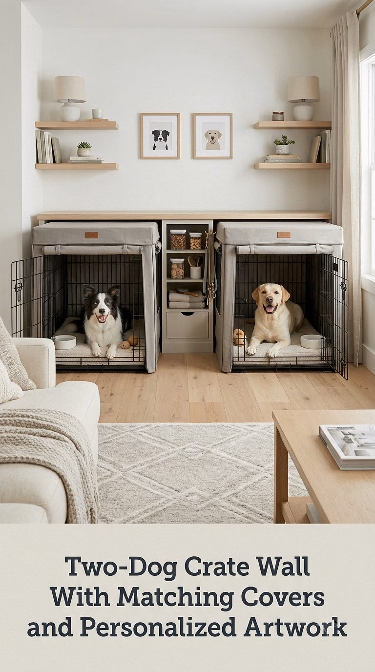 Two-Dog Crate Wall With Matching Covers and Personalized Artwork
