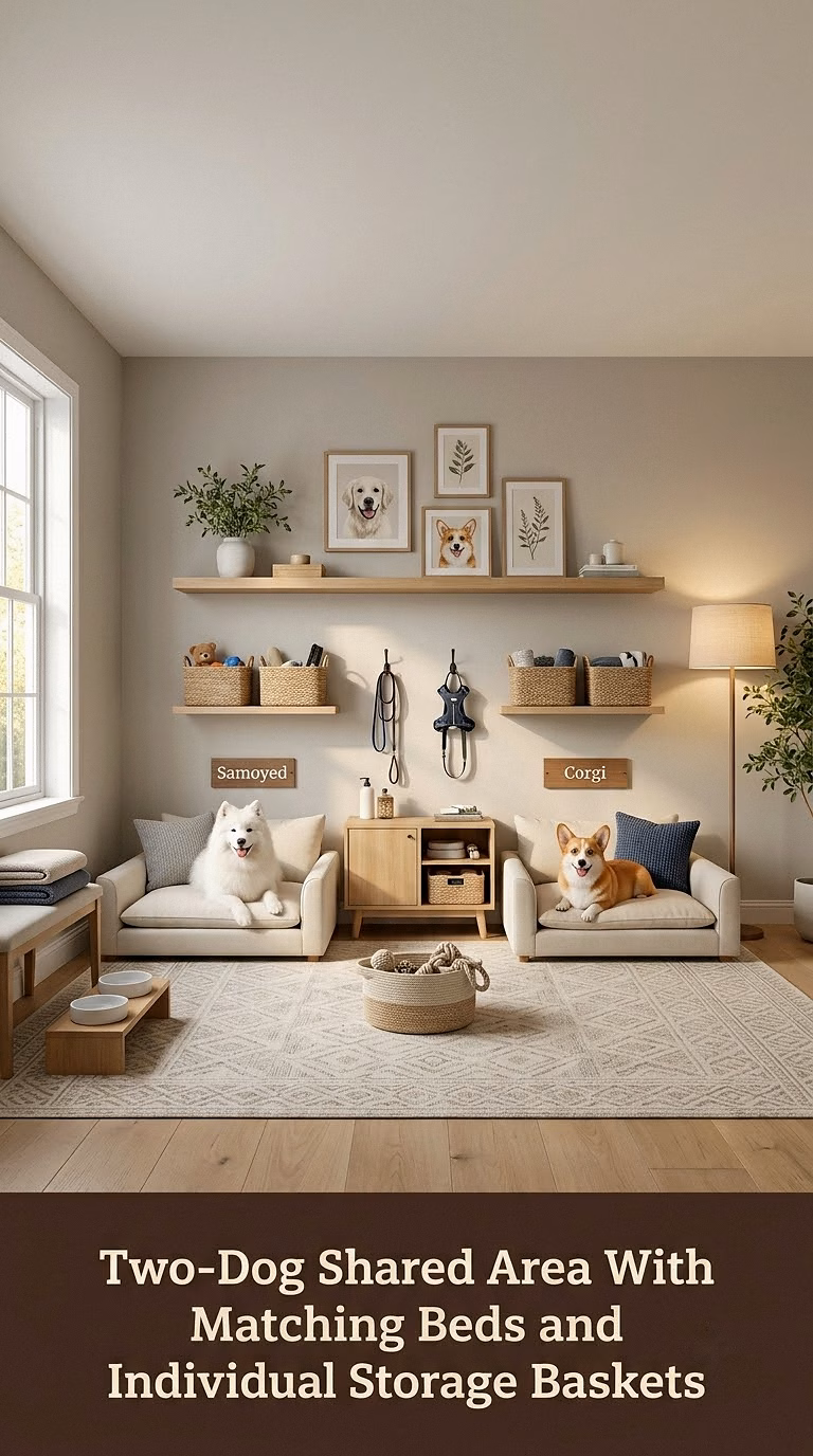 17. Two-Dog Shared Area With Matching Beds and Individual Storage Baskets
