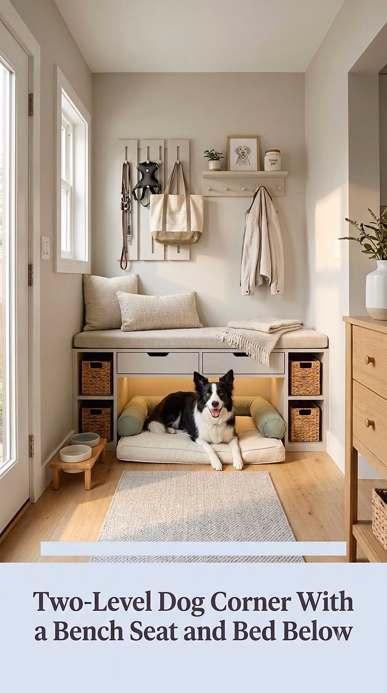 17. Two-Level Dog Corner With a Bench Seat and Bed Below