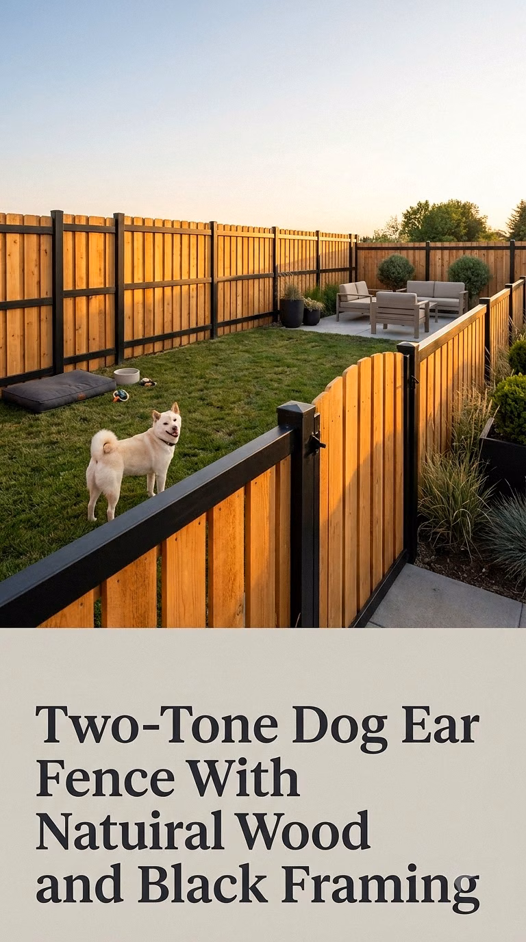 Two-Tone Dog Ear Fence With Natural Wood and Black Framing