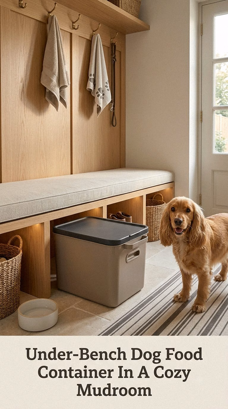 Under-Bench Dog Food Container In A Cozy Mudroom