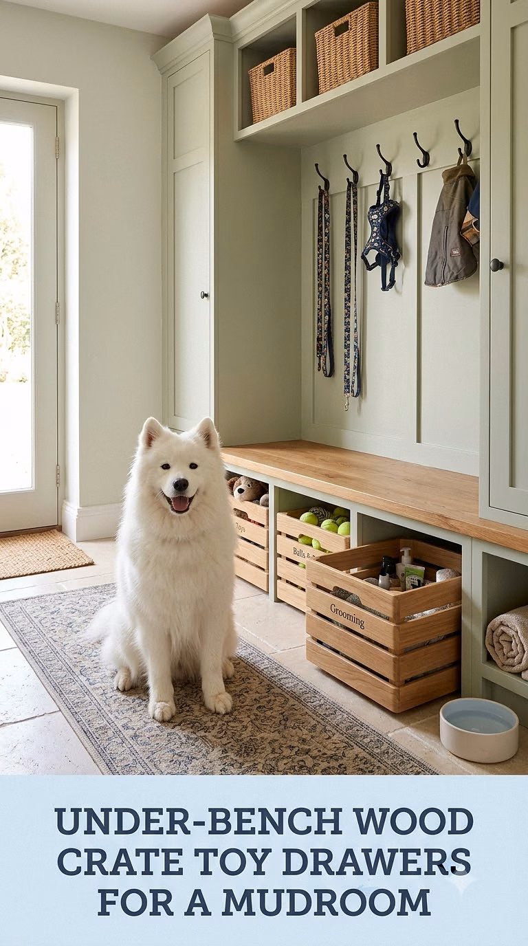 Under-Bench Wood Crate Toy Drawers for a Mudroom