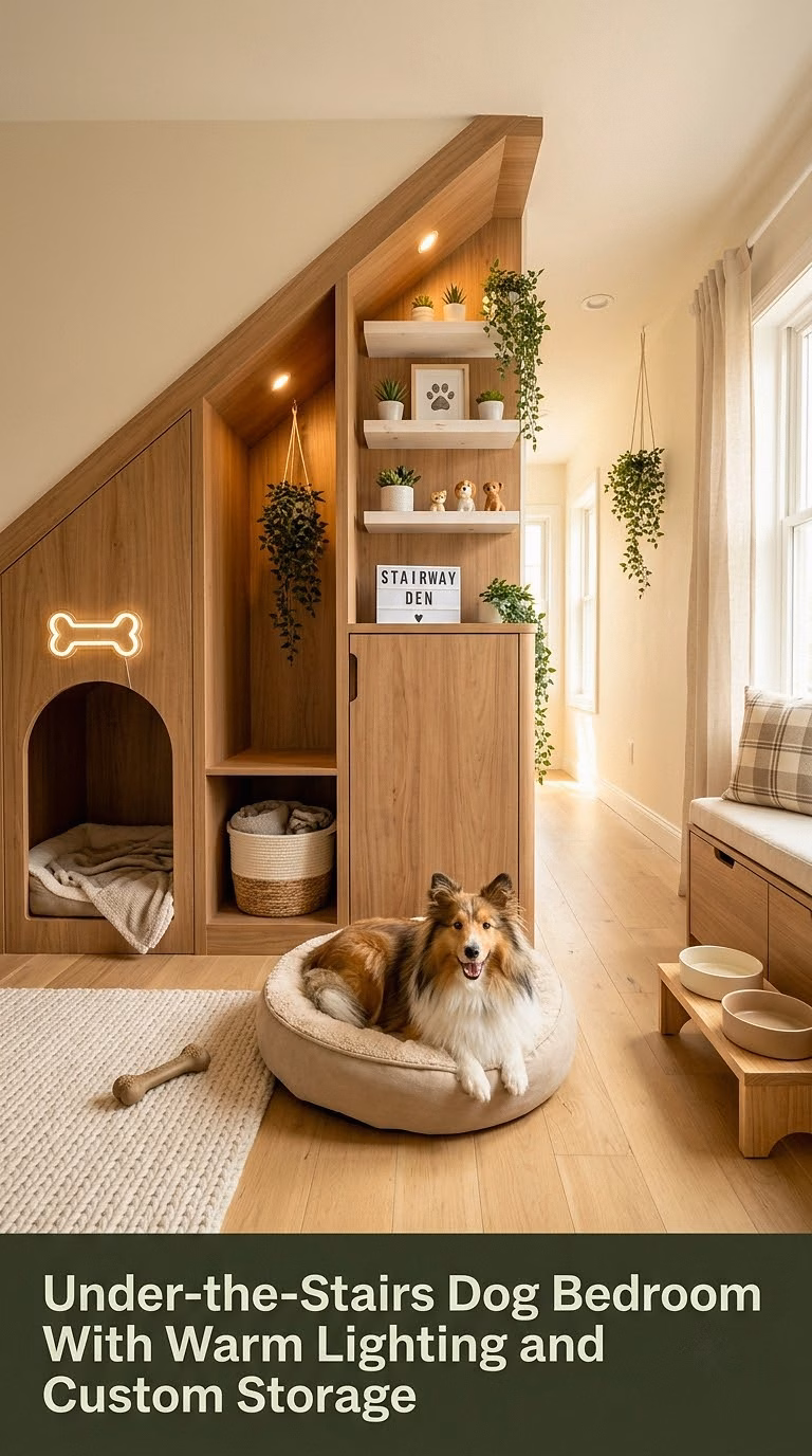 17. Under-the-Stairs Dog Bedroom With Warm Lighting and Custom Storage