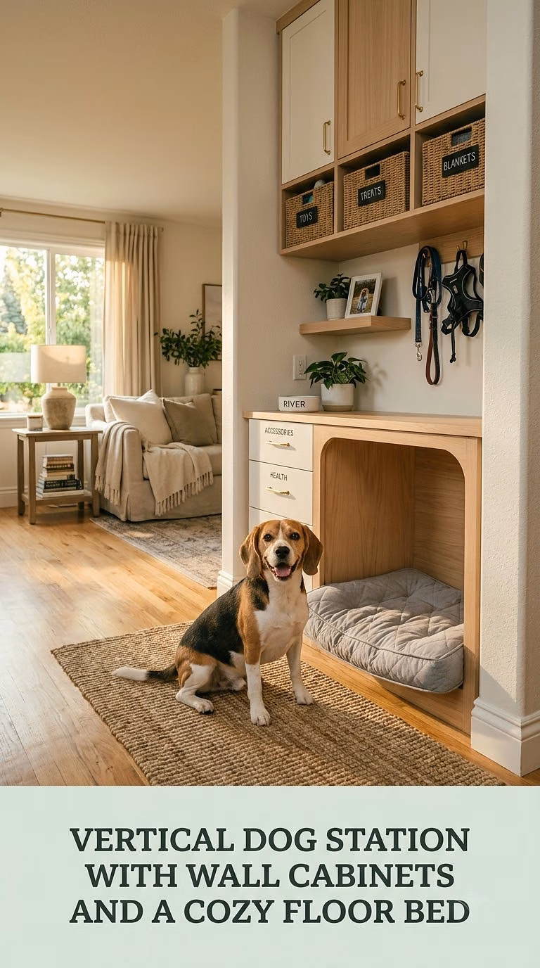 Vertical Dog Station With Wall Cabinets and a Cozy Floor Bed