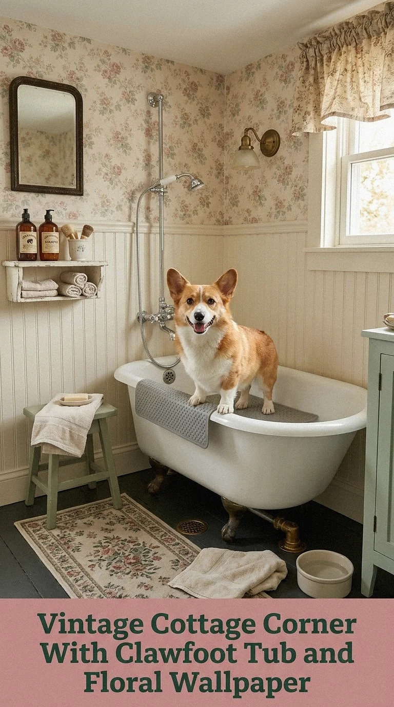 Vintage Cottage Corner With Clawfoot Tub and Floral Wallpaper