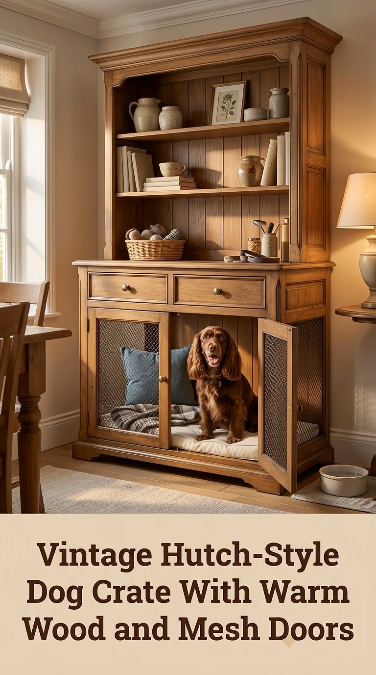 Vintage Hutch-Style Dog Crate With Warm Wood and Mesh Doors