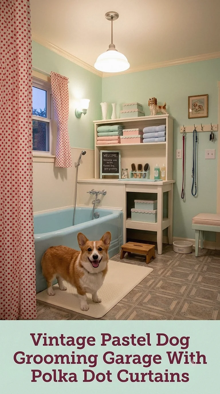 Vintage Pastel Dog Grooming Garage With Polka Dot Curtains