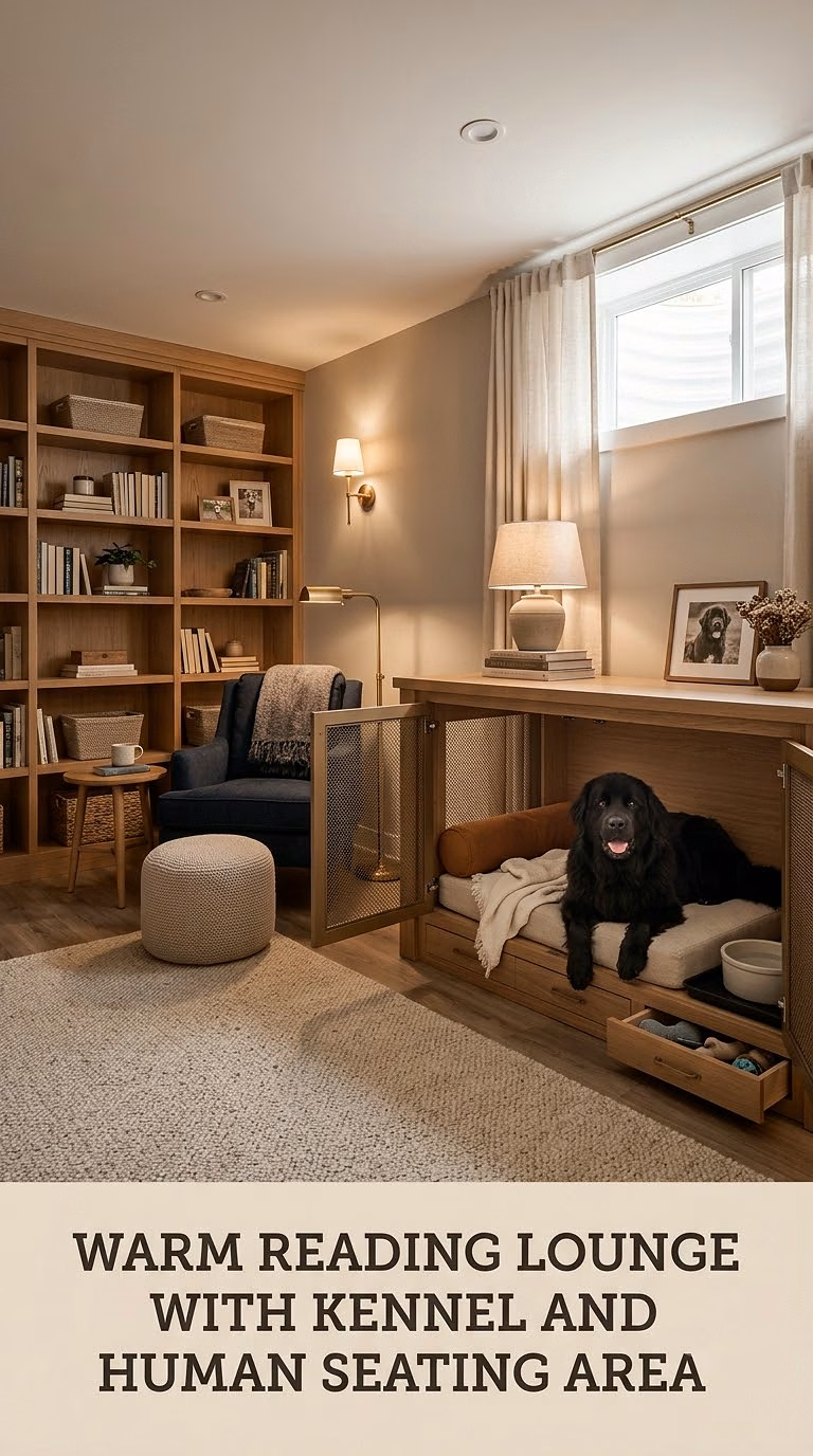 Warm Reading Lounge With Kennel and Human Seating Area
