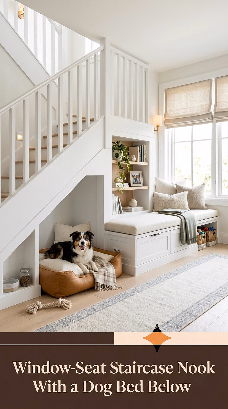 17. Window-Seat Staircase Nook With a Dog Bed Below