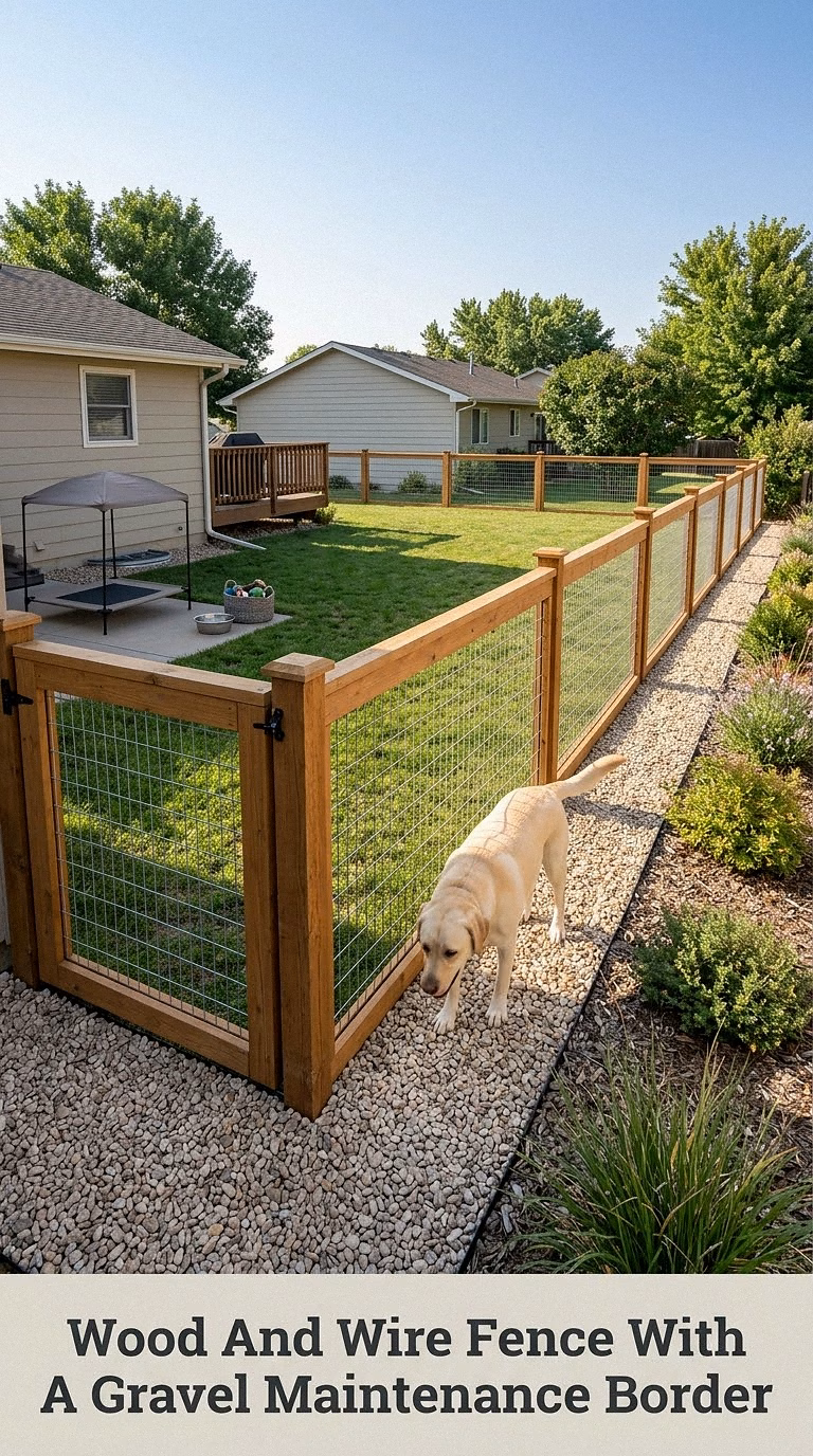 Wood And Wire Fence With A Gravel Maintenance Border