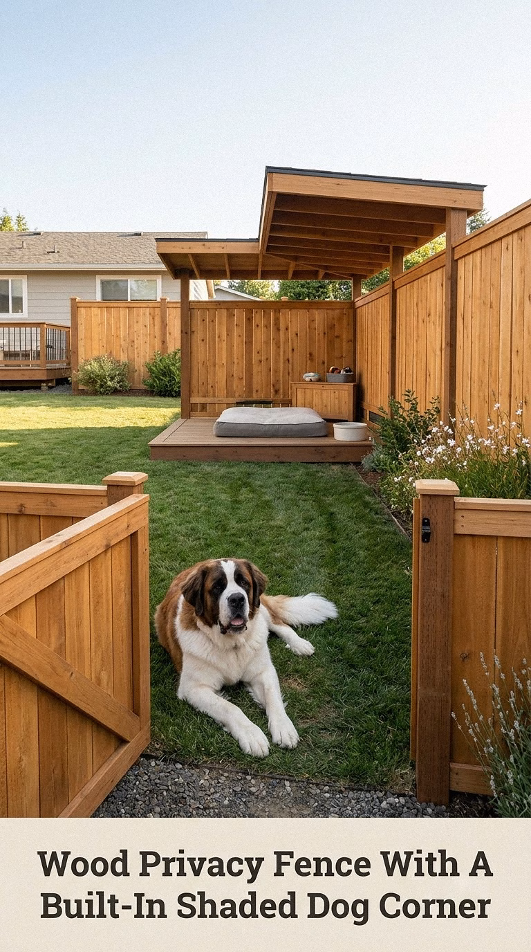 Wood Privacy Fence With A Built-In Shaded Dog Corner