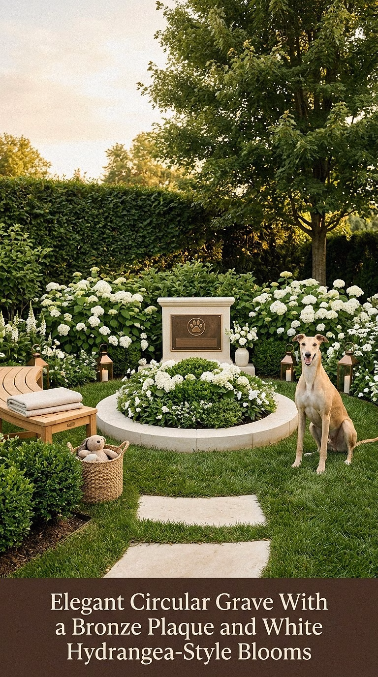 18. Elegant Circular Grave With a Bronze Plaque and White Hydrangea-Style Blooms