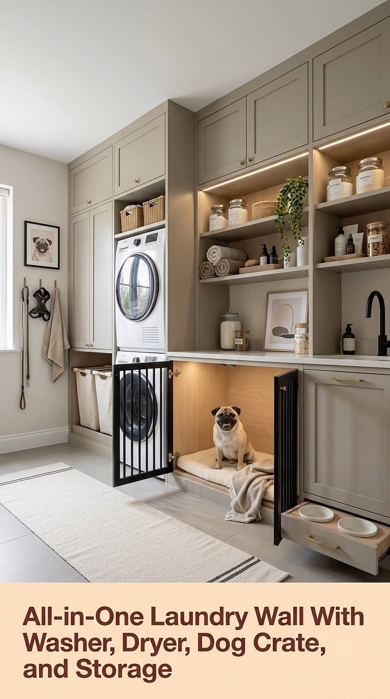 18. All-in-One Laundry Wall With Washer, Dryer, Dog Crate, and Storage