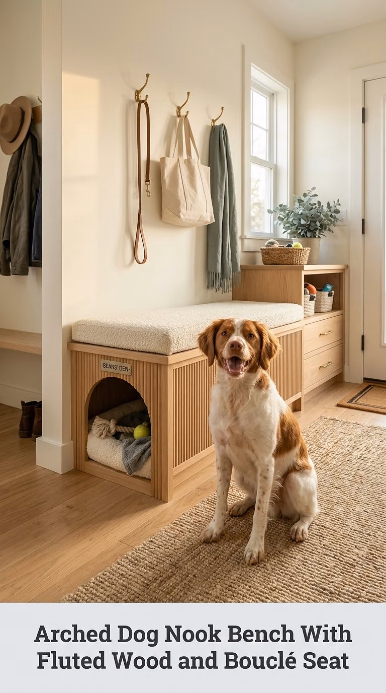 Arched Dog Nook Bench With Fluted Wood and Bouclé Seat