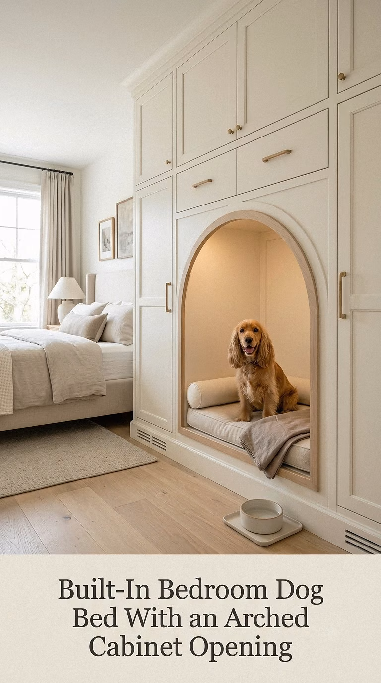 Built-In Bedroom Dog Bed With an Arched Cabinet Opening