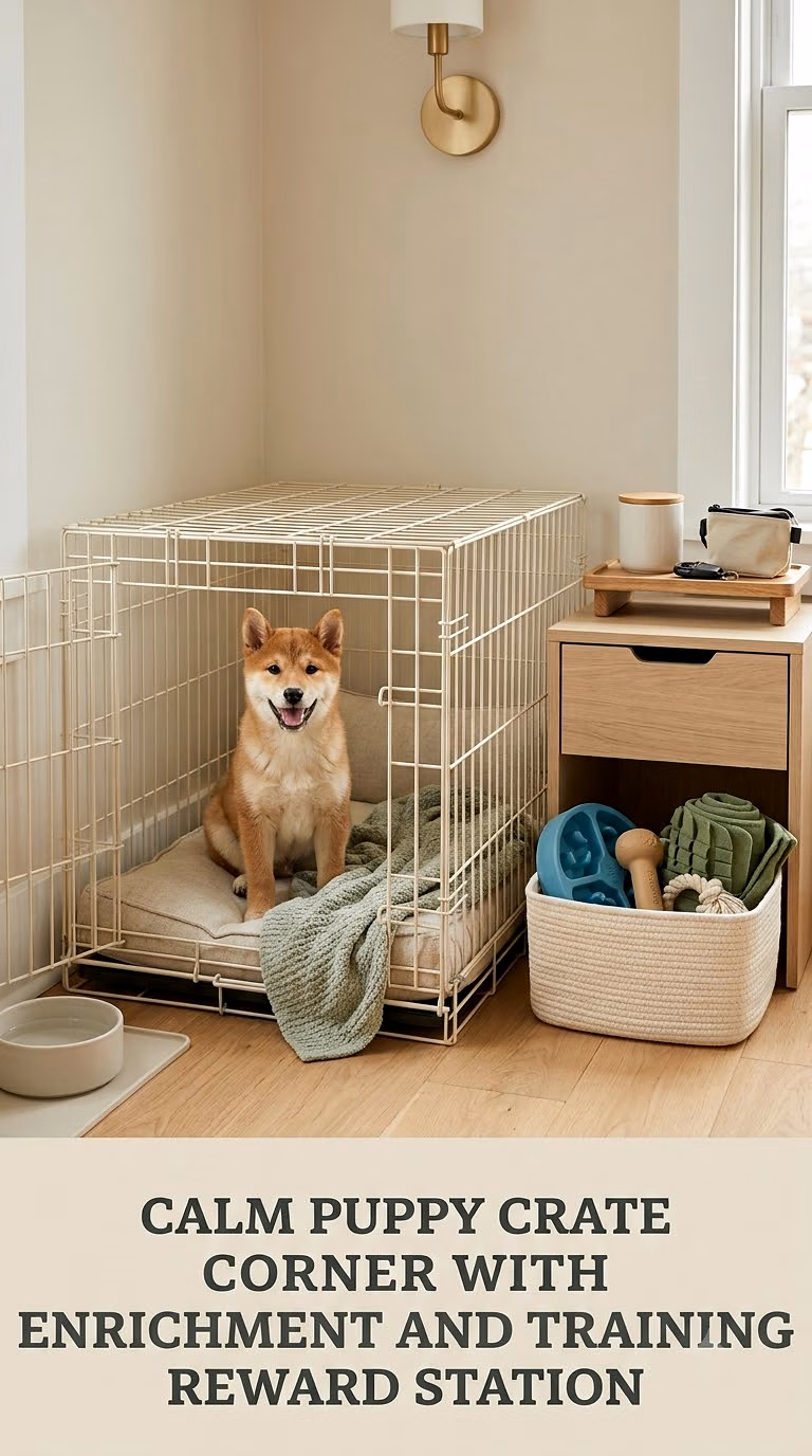 Calm Puppy Crate Corner With Enrichment and Training Reward Station