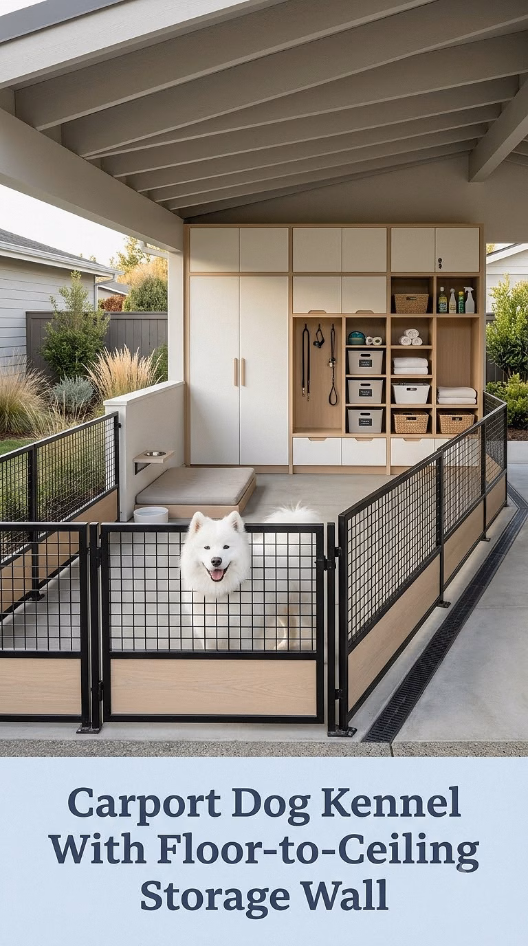 Carport Dog Kennel With Floor-to-Ceiling Storage Wall