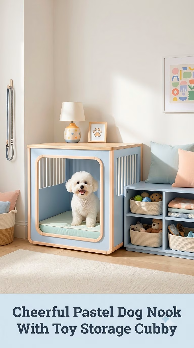 Cheerful Pastel Dog Nook With Toy Storage Cubby