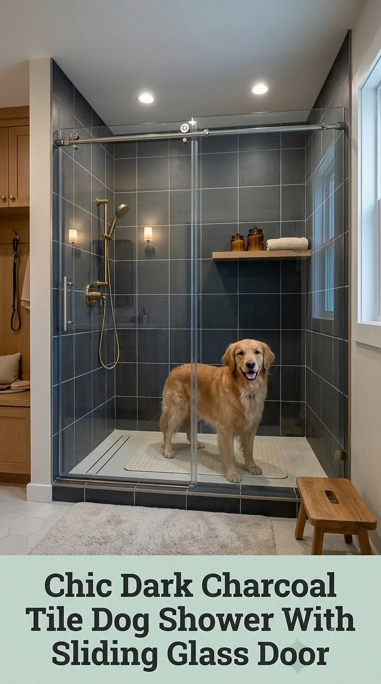 Chic Dark Charcoal Tile Dog Shower With Sliding Glass Door