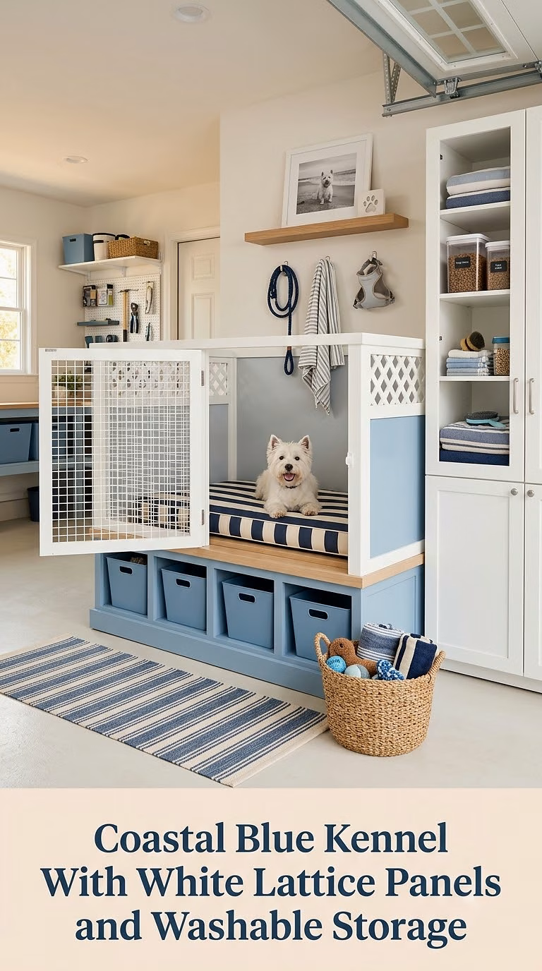 Coastal Blue Kennel With White Lattice Panels and Washable Storage