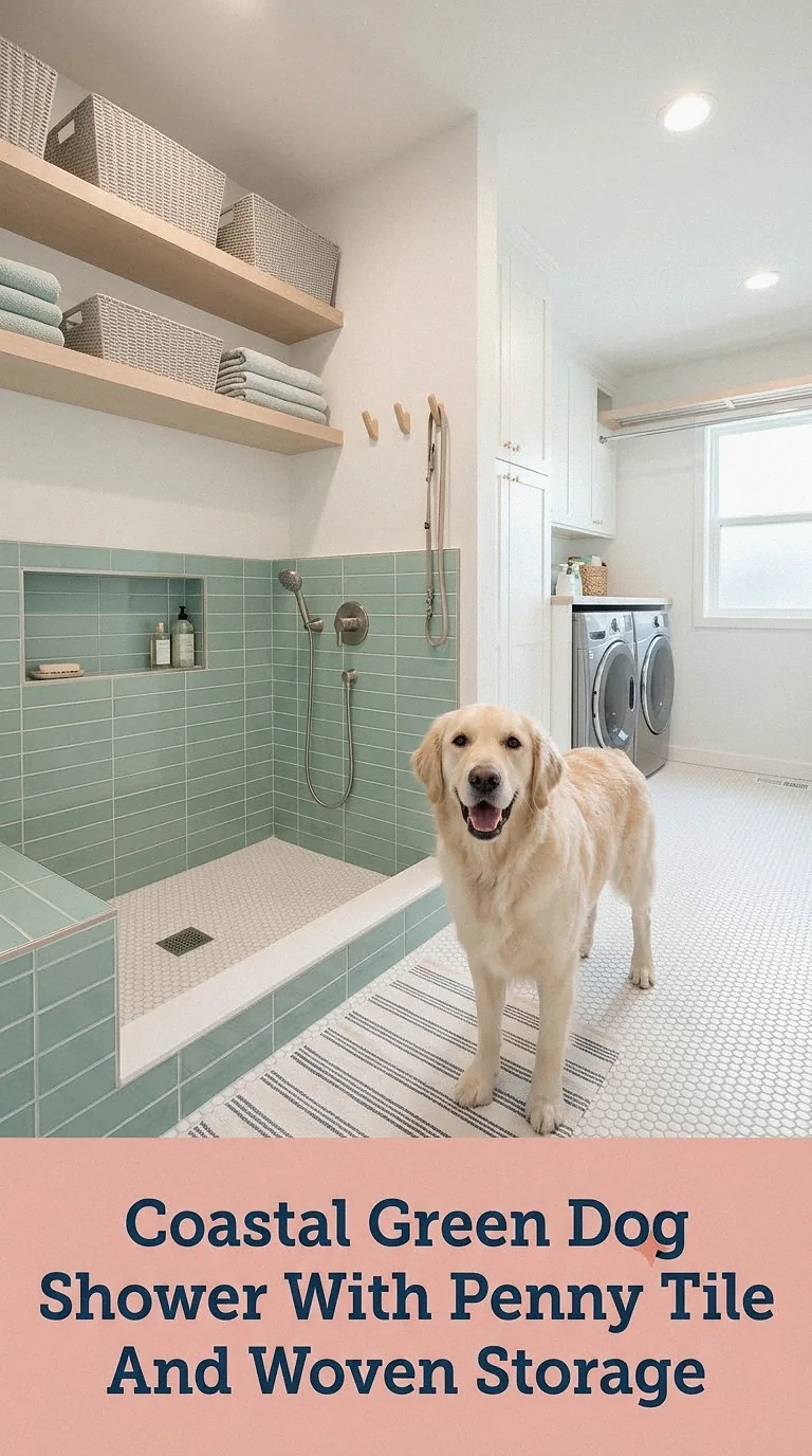 Coastal Green Dog Shower With Penny Tile And Woven Storage