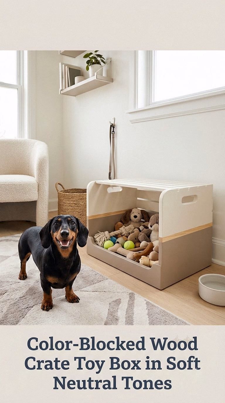 Color-Blocked Wood Crate Toy Box in Soft Neutral Tones