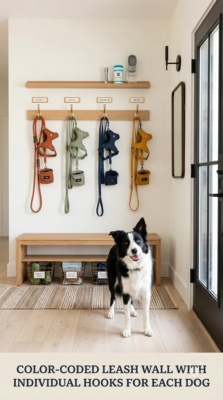 Color-Coded Leash Wall With Individual Hooks For Each Dog