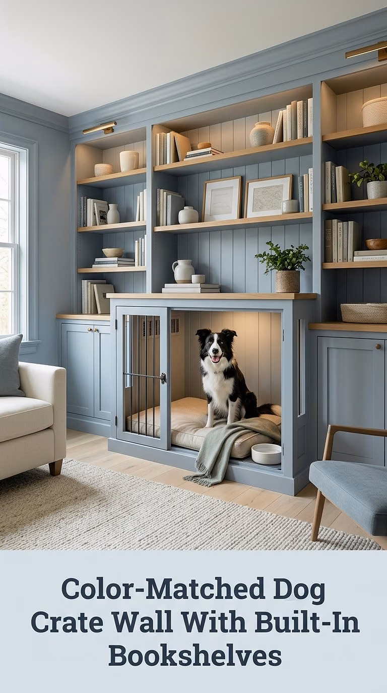 Color-Matched Dog Crate Wall With Built-In Bookshelves