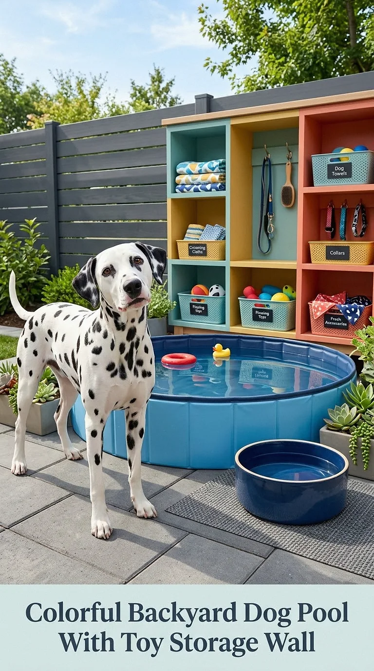 Colorful Backyard Dog Pool With Toy Storage Wall