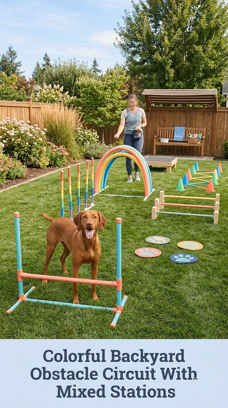 Colorful Backyard Obstacle Circuit With Mixed Stations