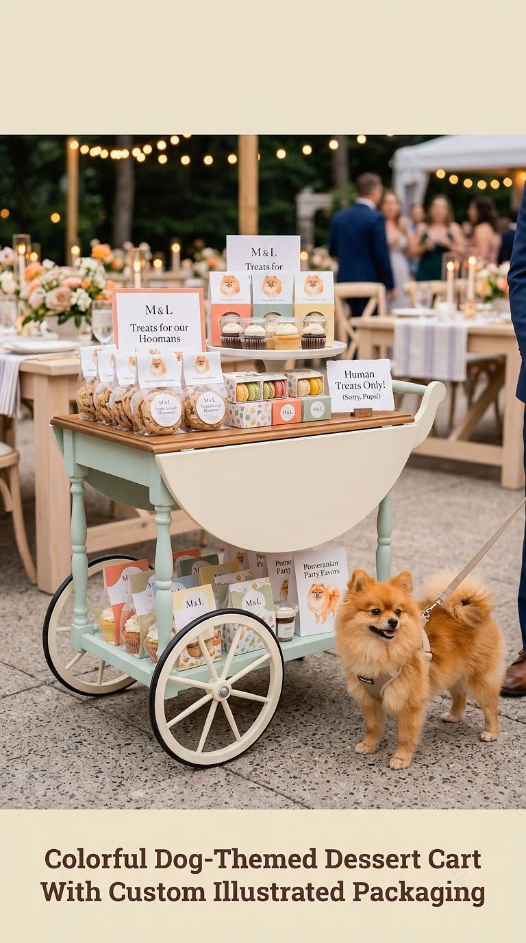 Colorful Dog-Themed Dessert Cart With Custom Illustrated Packaging