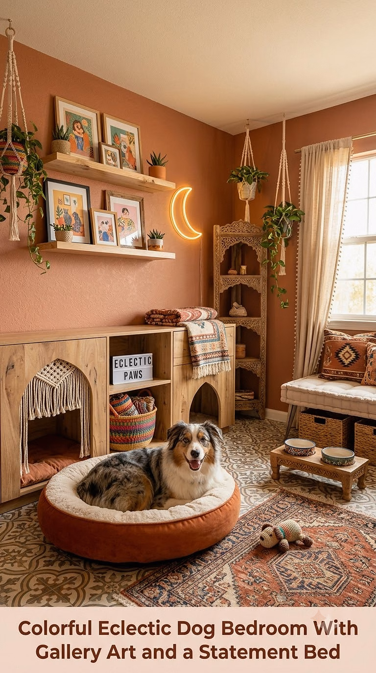 18. Colorful Eclectic Dog Bedroom With Gallery Art and a Statement Bed