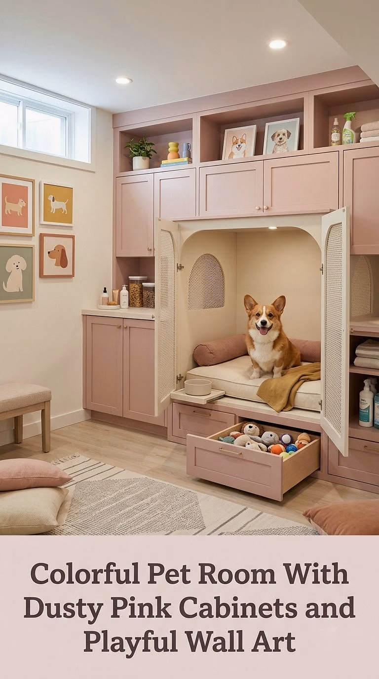 Colorful Pet Room With Dusty Pink Cabinets and Playful Wall Art