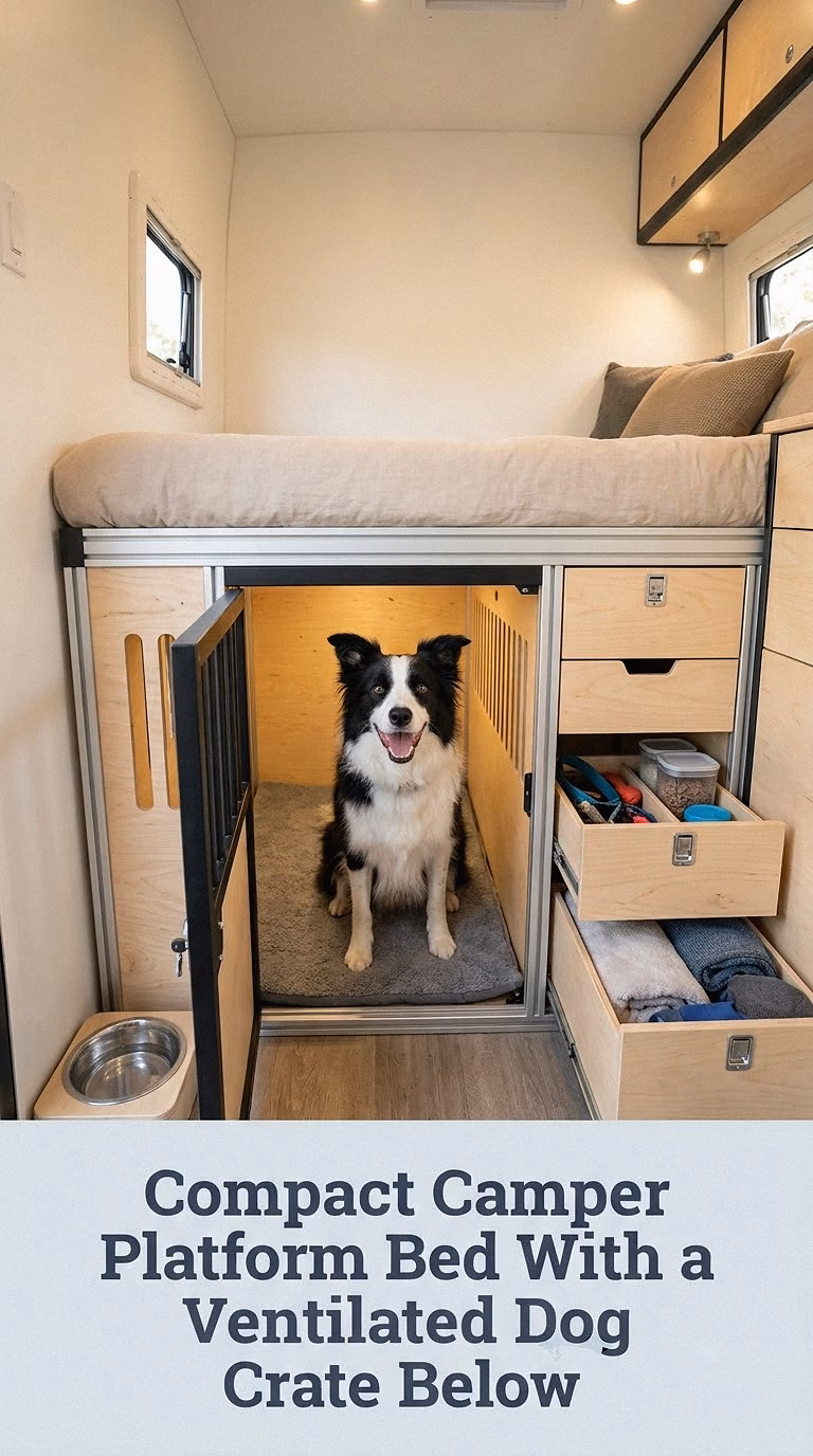 Compact Camper Platform Bed With a Ventilated Dog Crate Below