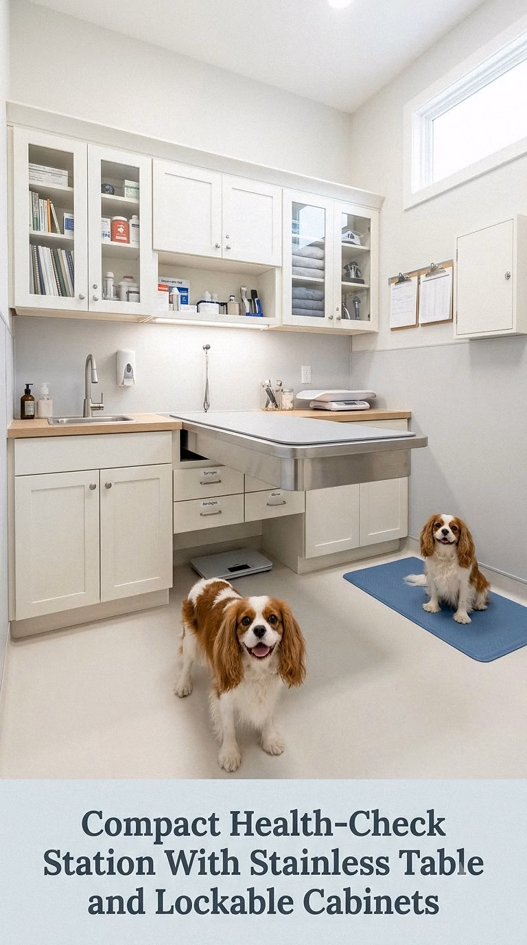 Compact Health-Check Station With Stainless Table and Lockable Cabinets