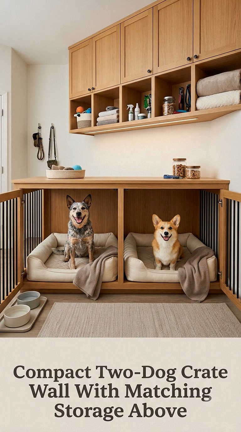 Compact Two-Dog Crate Wall With Matching Storage Above